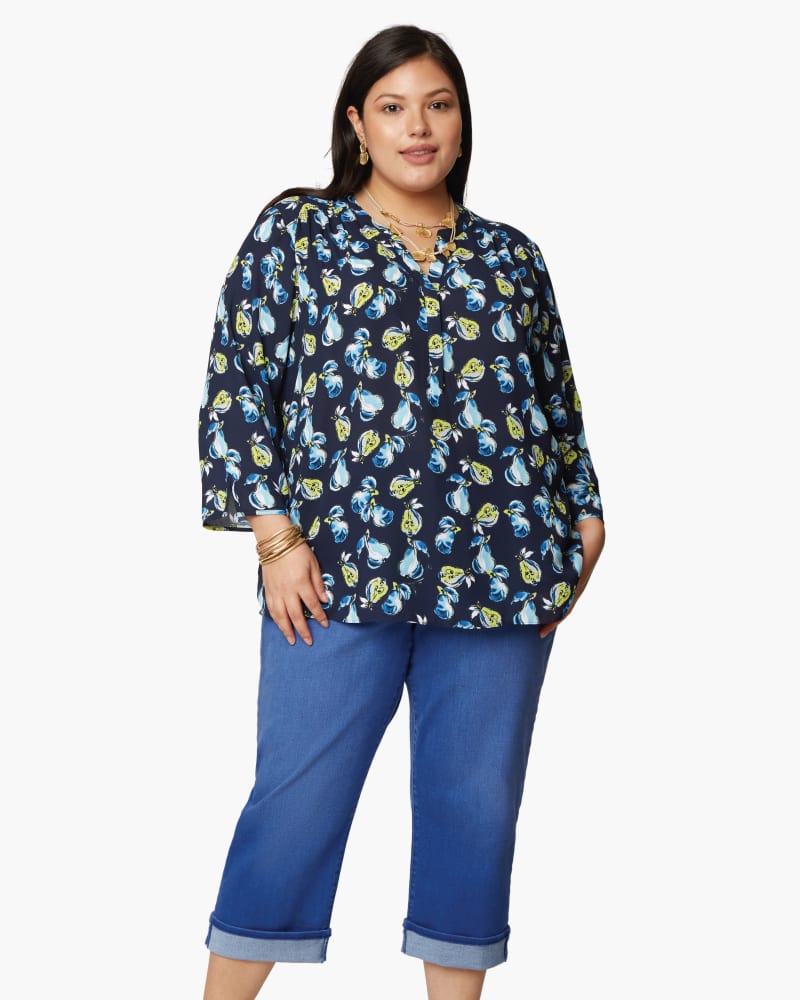 Front of a model wearing a size 1X Perfect Blouse in Pear Orchard by NYDJ. | dia_product_style_image_id:166392